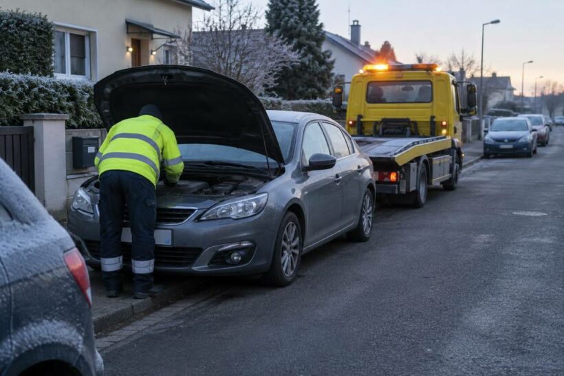 Dépanneur en gilet jaune penché sous le capot d'une berline grise garée devant une maison, une dépanneuse à plateau arrêtée derrière dans une rue givrée