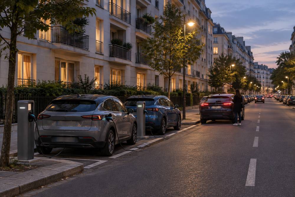 Rue d'immeubles d'appartements à la tombée de la nuit, deux bornes de recharge sur le trottoir occupées par des voitures branchées, une conductrice debout près de sa voiture arrêtée dans la voie