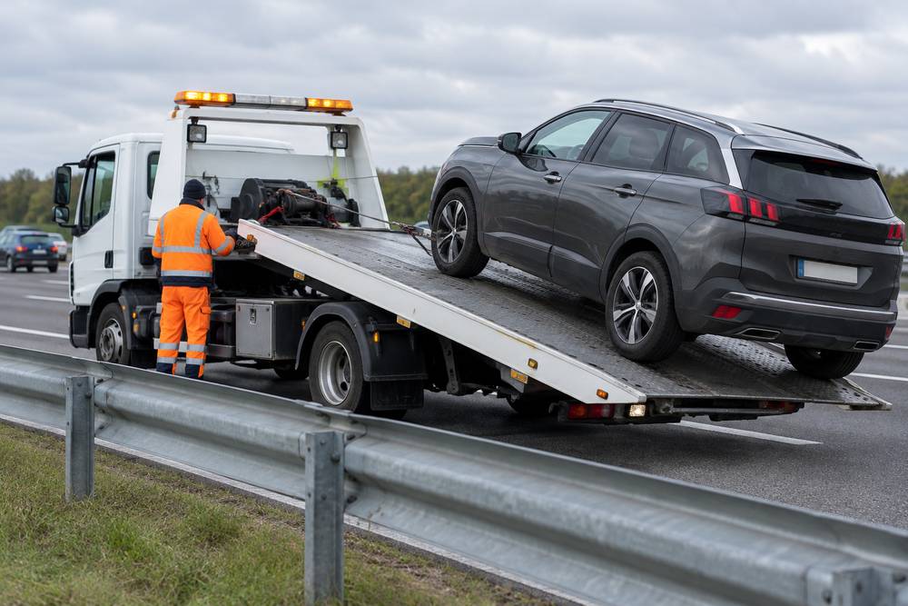SUV gris hissé sur le plateau d'une dépanneuse blanche au bord d'une autoroute, un dépanneur en tenue orange aux commandes du treuil