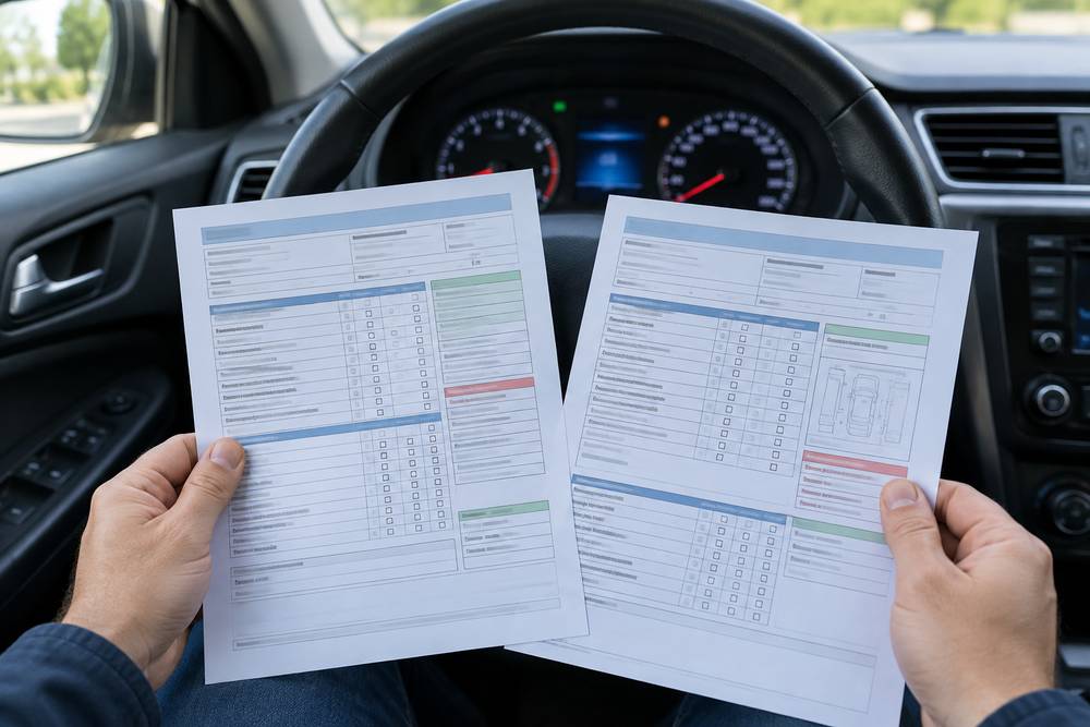 Deux procès-verbaux de contrôle technique tenus à deux mains devant le volant et le combiné d'instruments d'une voiture d'occasion