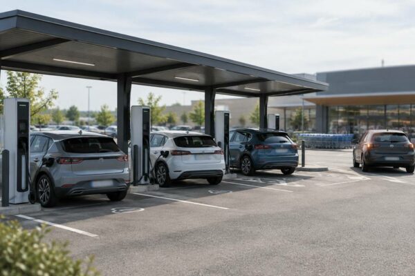 Station de recharge rapide sous un auvent sur le parking d'un supermarché, trois voitures électriques branchées et une quatrième qui attend son tour