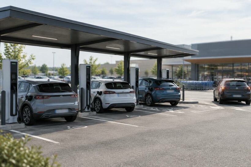 Station de recharge rapide sous un auvent sur le parking d'un supermarché, trois voitures électriques branchées et une quatrième qui attend son tour